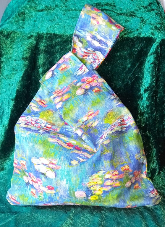 Waterlily and Blue Floral Japanese Knot Bag Medium