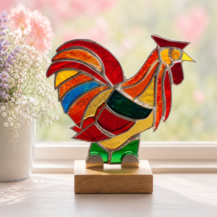 Rooster Stained Glass Ornament Cockerel Richard XII On Oak Stand