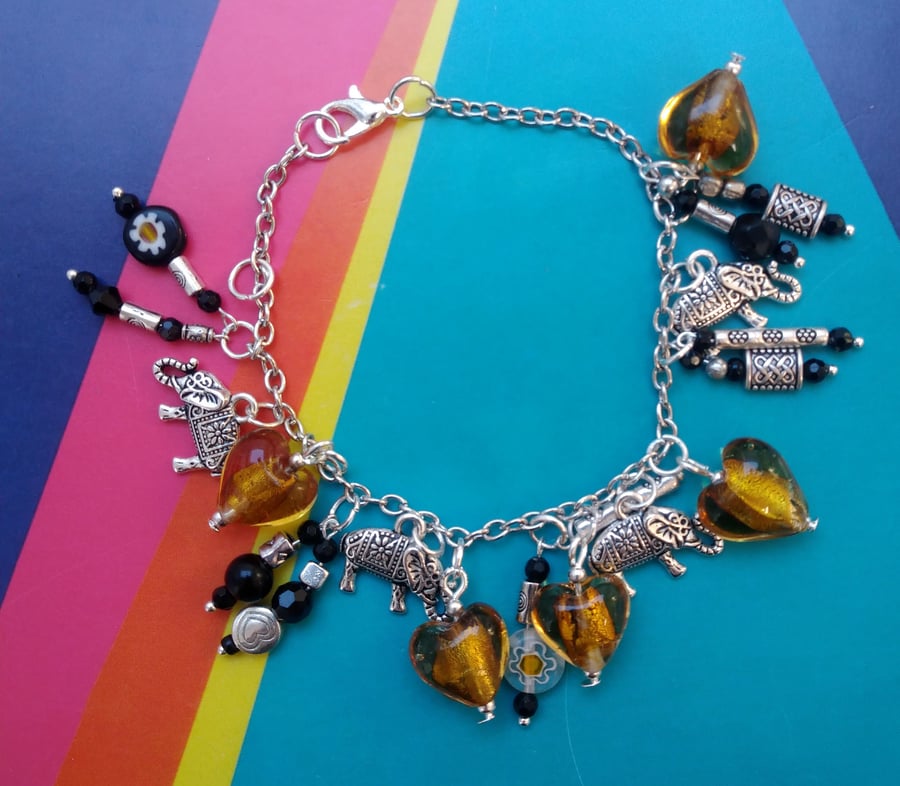 Beautiful Beaded Bracelet wit Elepants & Glass Hearts
