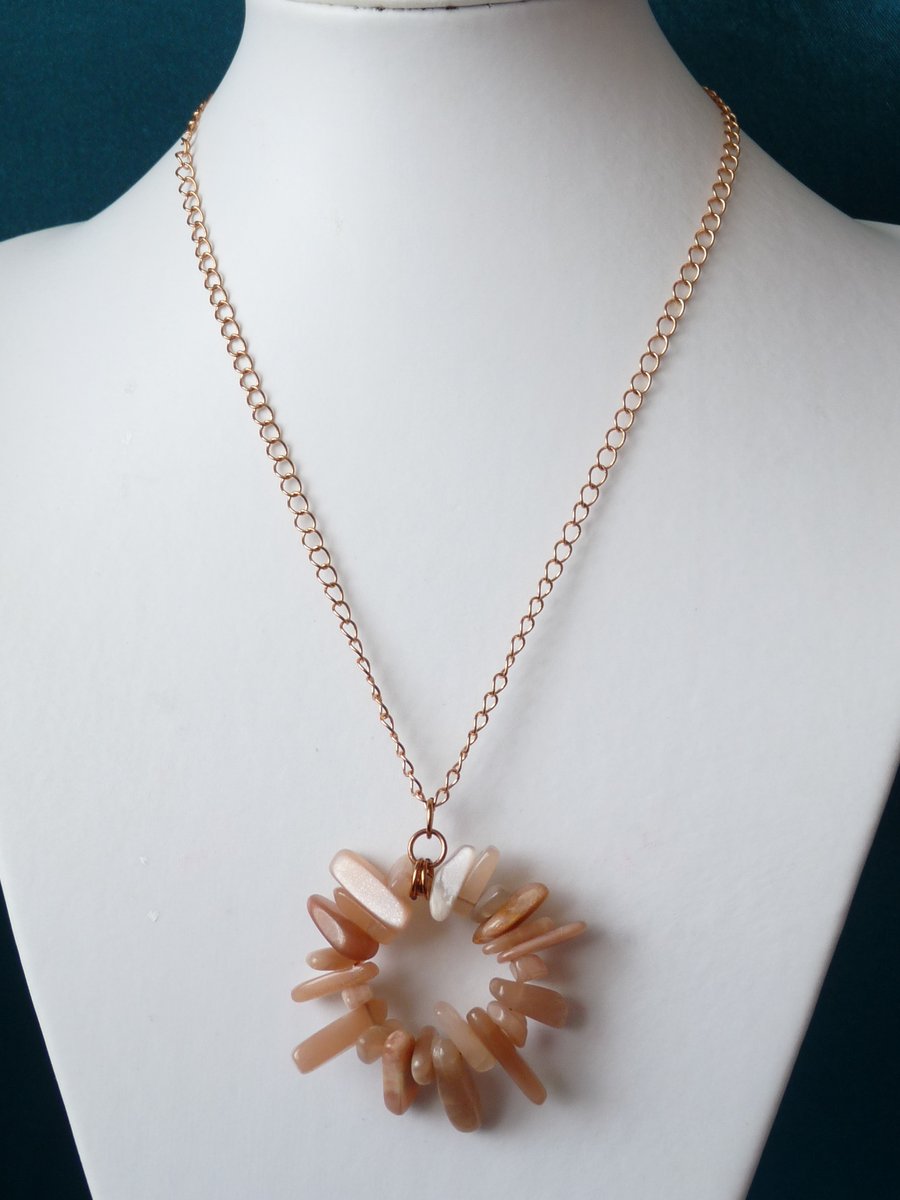 Peach Moonstone Sunburst Necklace  - Handmade - Genuine Gemstone