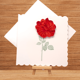 Striking single red rose quilled open card