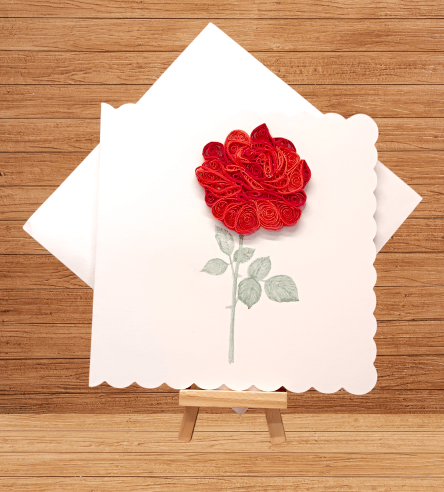 Striking single red rose quilled open card