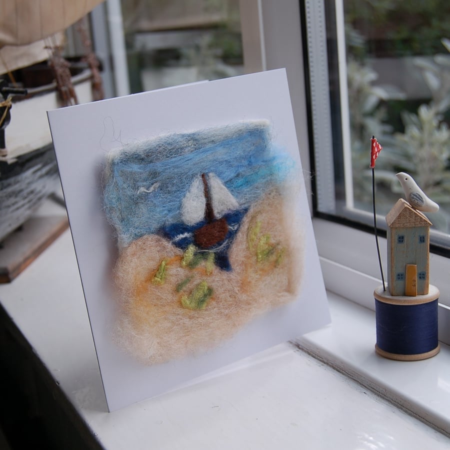 Needle Felt Birthday card with  Coastal scene picture Needlefelt wool card