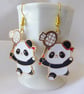 Whimsical Enamelled Panda Playing Badminton Earrings with gold plated ear wires