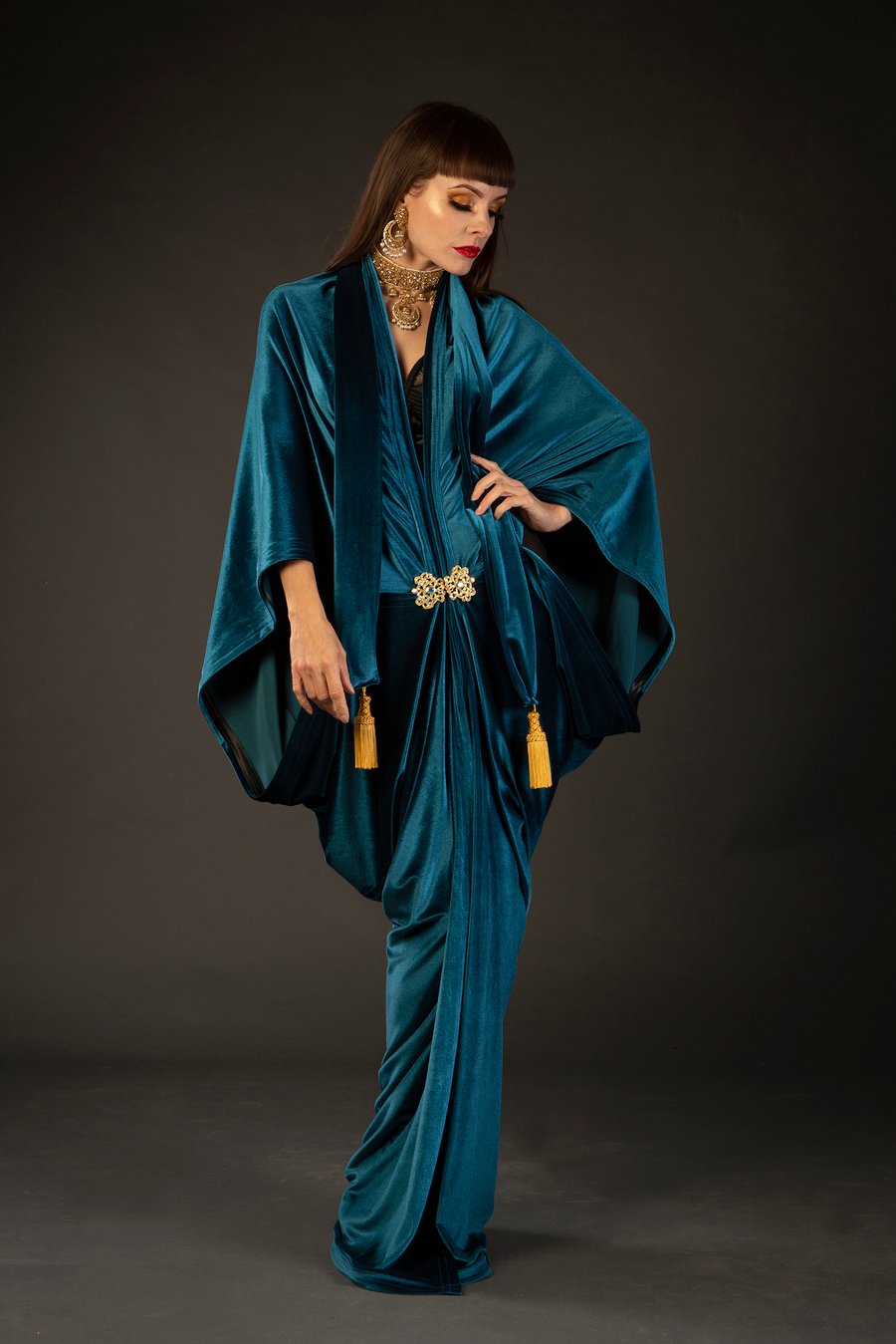 1920s Teal Velvet Great Gatsby Dress - Floor length flapper Cocoon coat