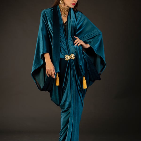 1920s Teal Velvet Great Gatsby Dress - Floor length flapper Cocoon coat