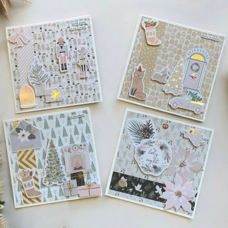 Set of four Christmas cards in pastel shades.