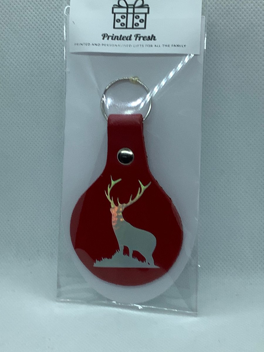  Red leather keyring with silver Stag , natural leather keyring.