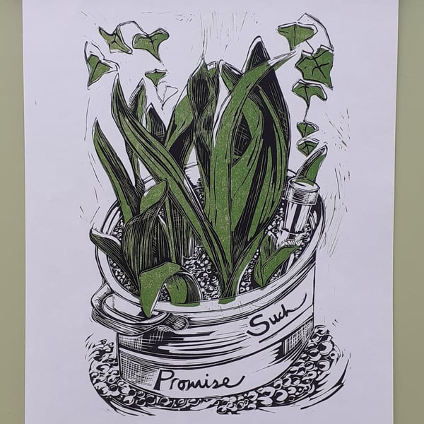 'The Promise of Tulips', Two Block Lino Print in Black and Green on Hosho Paper