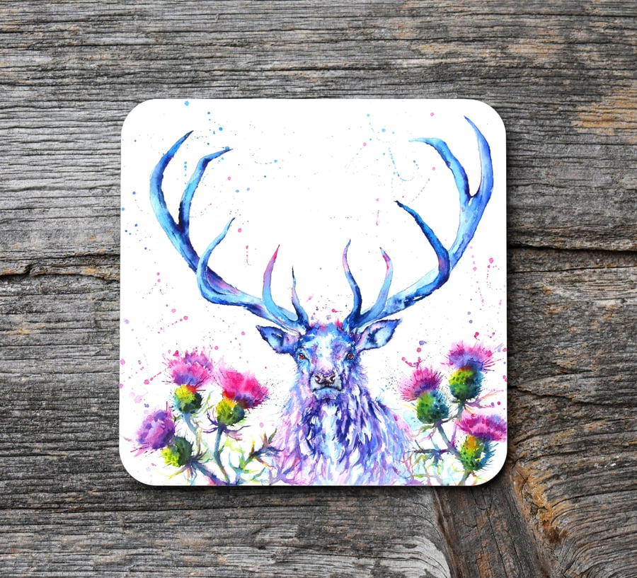 Scottish Stag and Thistles Coaster, Scotland Coaster Letterbox Gift.