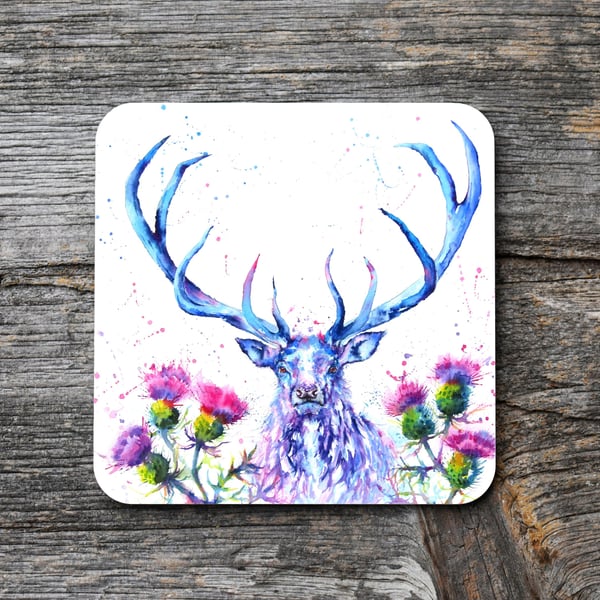 Scottish Stag and Thistles Coaster, Scotland Coaster Letterbox Gift.