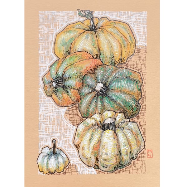 Pumpkins original drawing, pumpkin wall art, kitchen wall decor