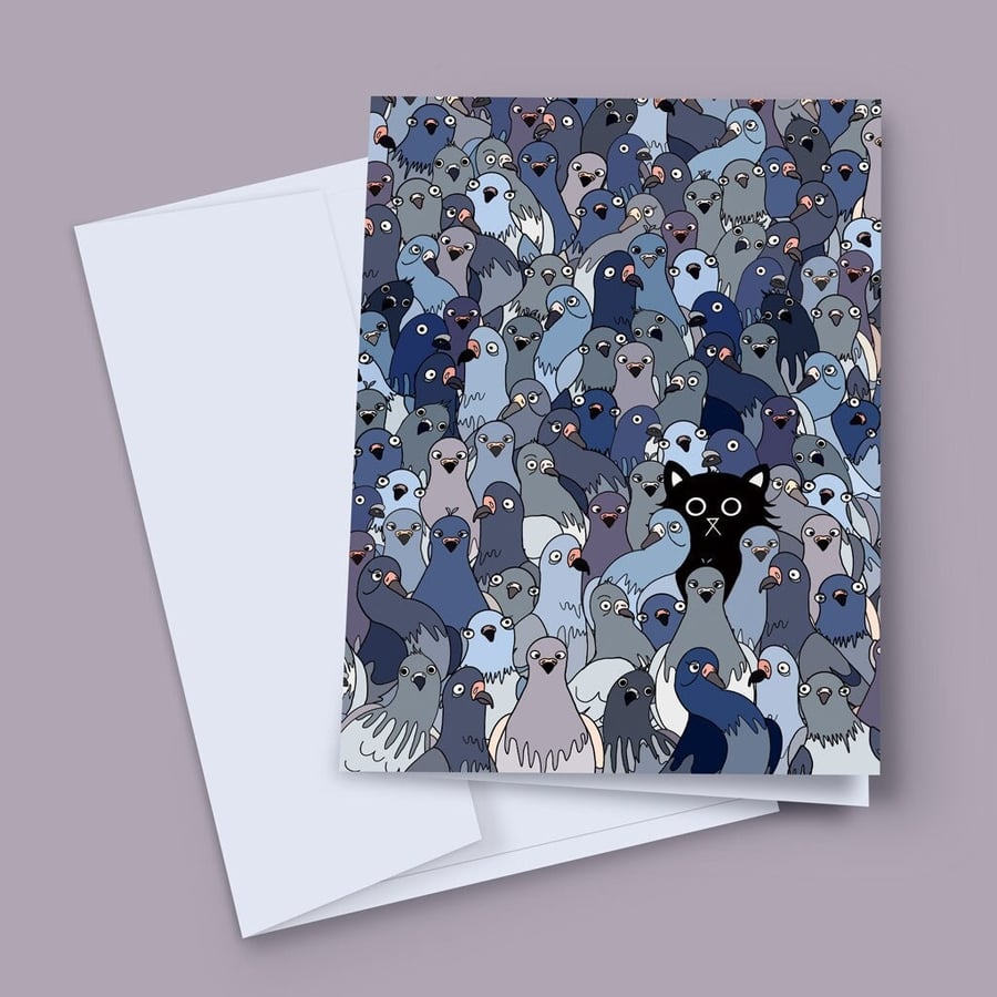 Cute Pigeon Card, Cat Among The Pigeons Card, Funny Blank Greeting Card