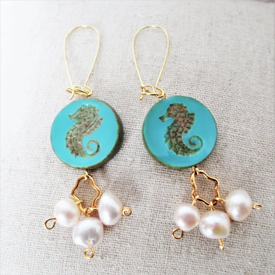 Czech glass green Seahorse earrings with Pearls