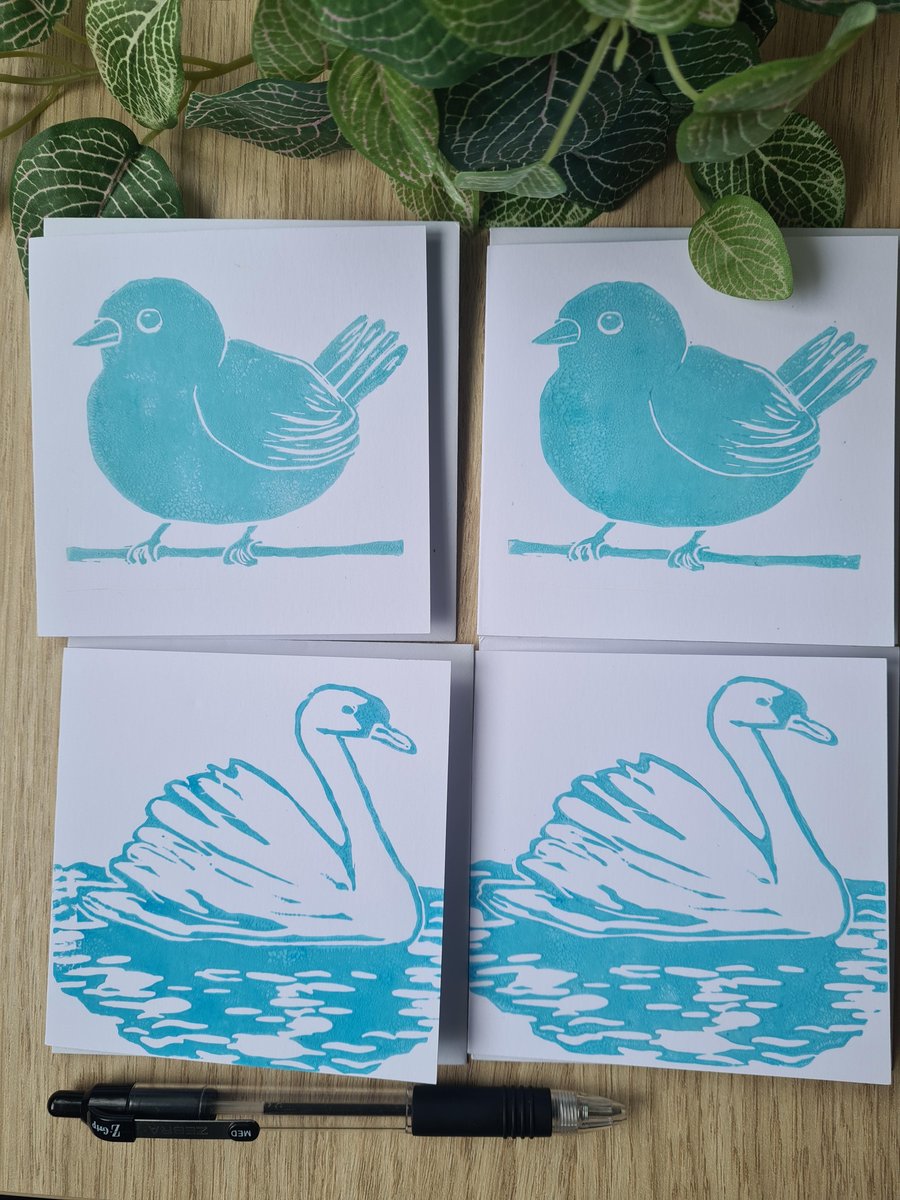 Set of four swan bird notecards handprinted gift idea