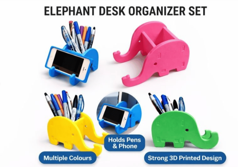 Elephant Phone and Pen Holder Desk Organiser 3D Printed Cute Office