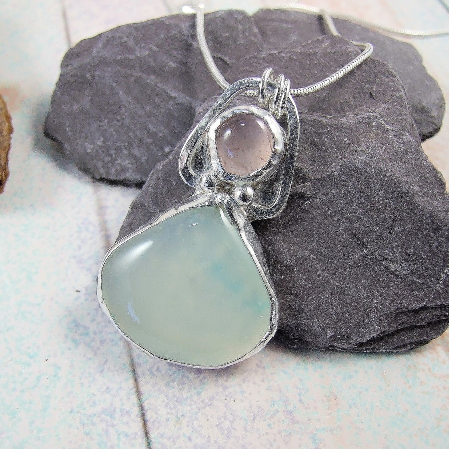 Rose Quartz and Blue Agate Necklace, Sterling Silver with Bezel Set Gemstones