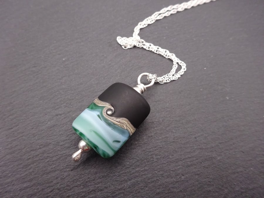 lampwork glass pendant necklace, black and green sterling silver jewellery