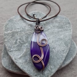  Copper Wire Wrapped Purple Agate Pendant With Cotton or Leather Cord 