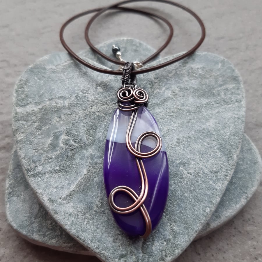  Copper Wire Wrapped Purple Agate Pendant With Cotton or Leather Cord 