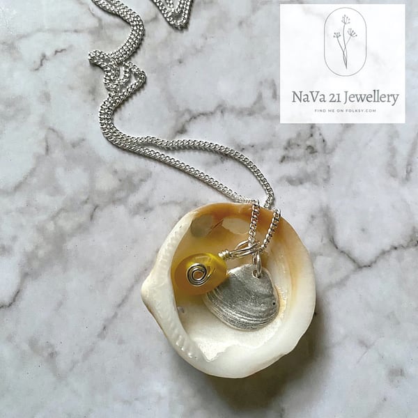 Yellow Seaglass with Silver art clay textured shell REF: YSS CS 01