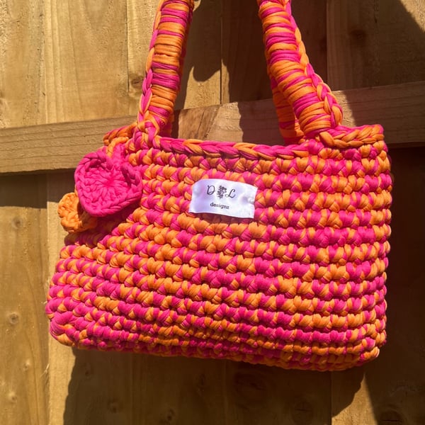 Bespoke Crochet Shoulder Bag — Pink & Orange Ombré, Handmade in the UK
