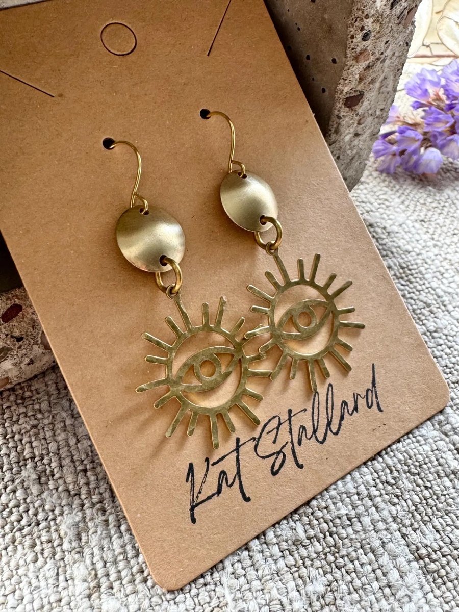 Boho brass evil eye dangle earrings 