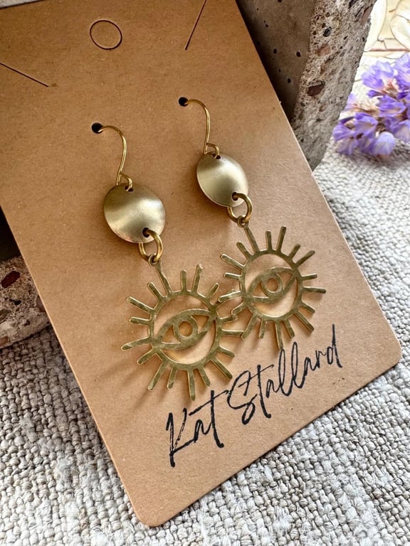 Boho brass evil eye dangle earrings 