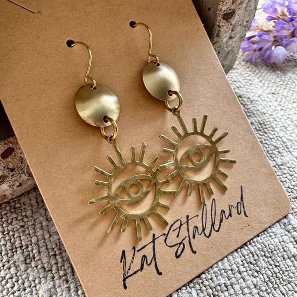 Boho brass evil eye dangle earrings 