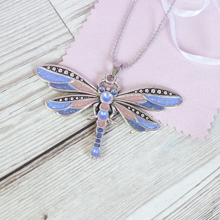 Blue dragonfly pendant, dragonfly necklace in shades of blue and pink