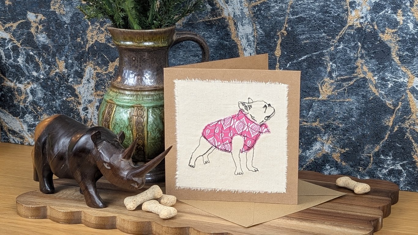 Pug - blank card - handmade stitched dog card, birthday card, greetings card