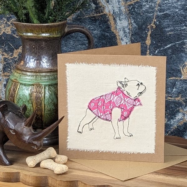 Pug - blank card - handmade stitched dog card, birthday card, greetings card