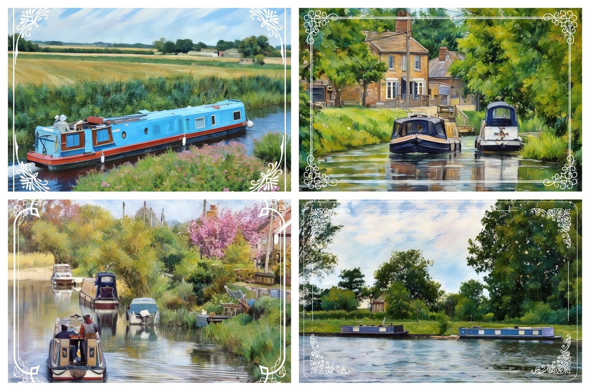 Pack of 4 Mixed Narrow Boat Cards A5 On The Fens Norfolk 