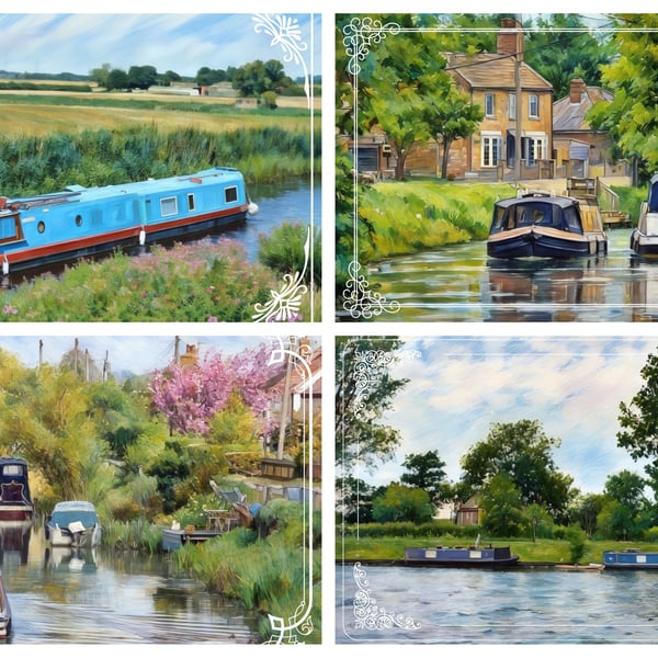 Pack of 4 Mixed Narrow Boat Cards A5 On The Fens Norfolk 