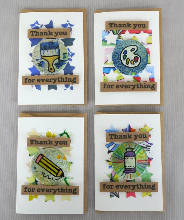 4 x Badges, Art Badges, Badge Cards, Thank You Cards, Keepsake Cards, Art Cards