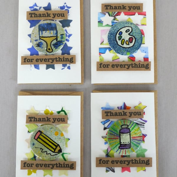 4 x Badges, Art Badges, Badge Cards, Thank You Cards, Keepsake Cards, Art Cards
