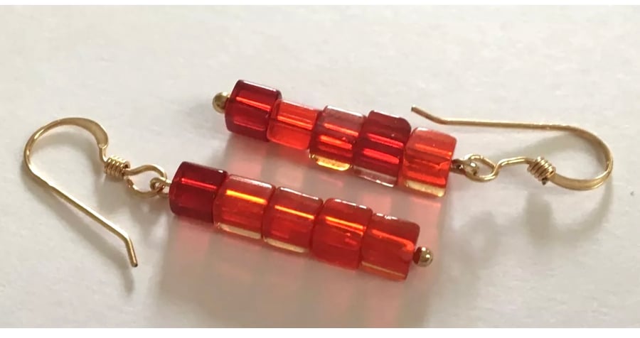 Red Glass Cube Beads on Gold Filled Earring Wires