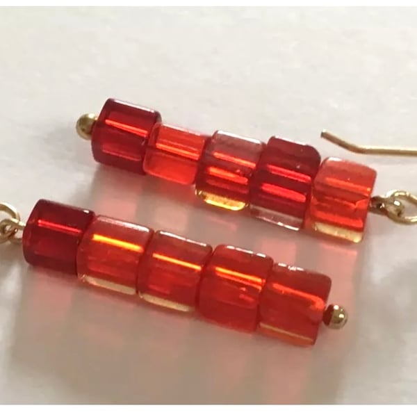 Red Glass Cube Beads on Gold Filled Earring Wires