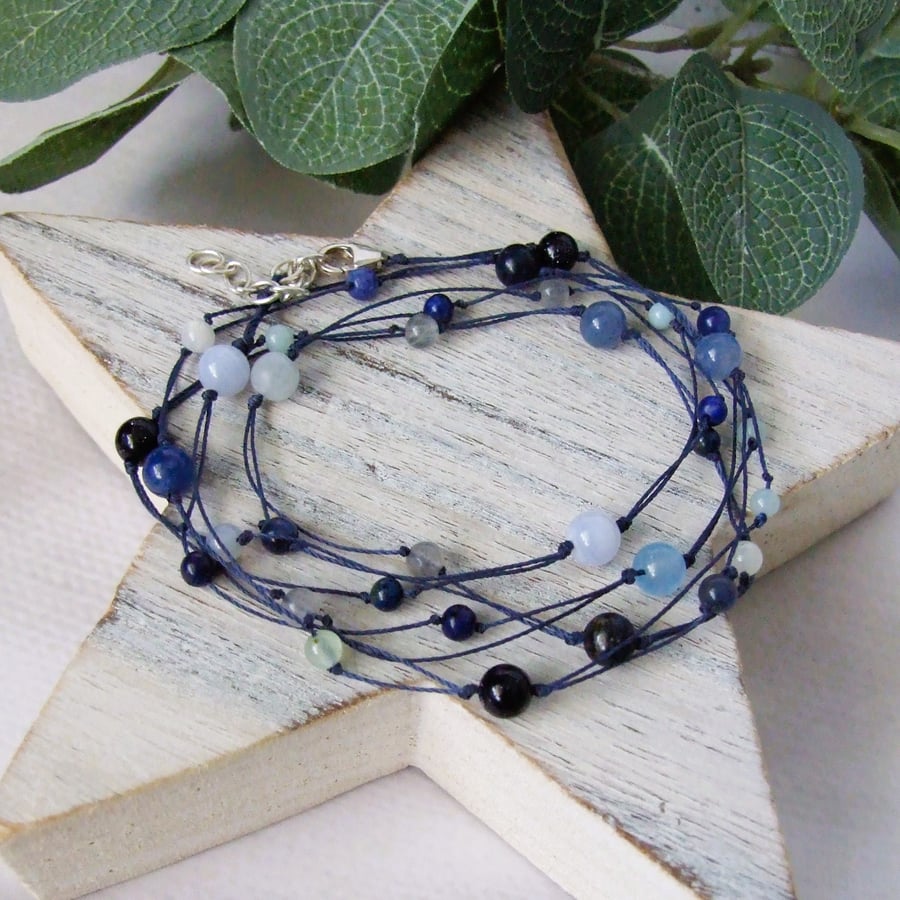 Blue Gemstone Necklace or Wrap Bracelet on Waxed Cord