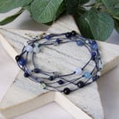 Blue Gemstone Necklace or Wrap Bracelet on Waxed Cord