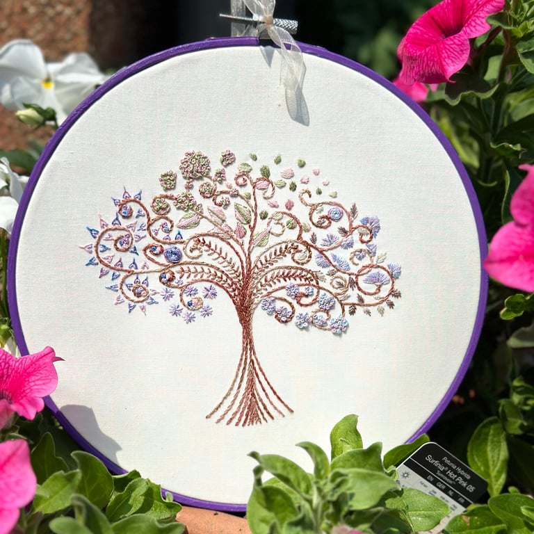 Embroidery hoop, wall hanging Abstract floral tree in a matching purple hoop 