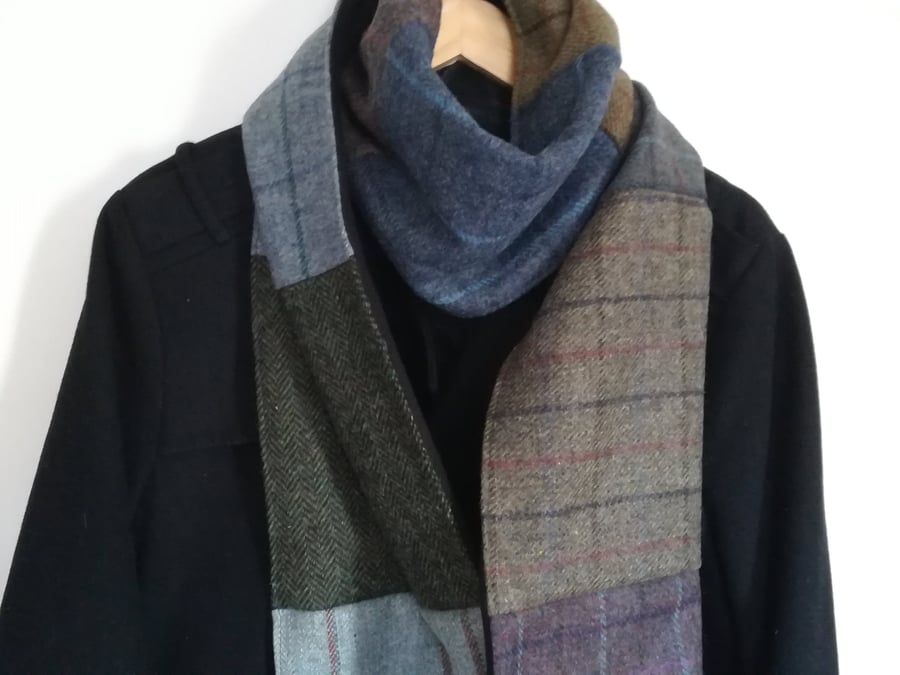 Tweed scarf, Patchwork scarf, Warm blue wrap, Winter scarf