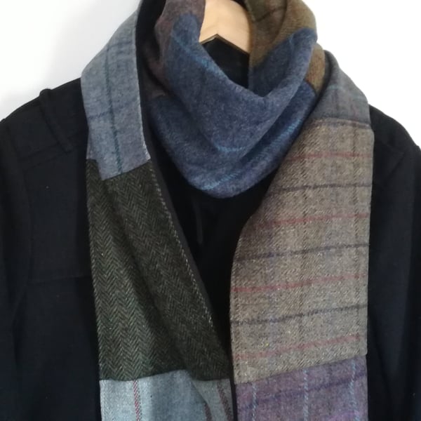 Tweed scarf, Patchwork scarf, Warm blue wrap, Winter scarf