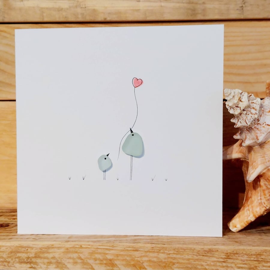 Sea Glass Art Greetings Card - Baby Bird Heart - New Baby, Christening Card