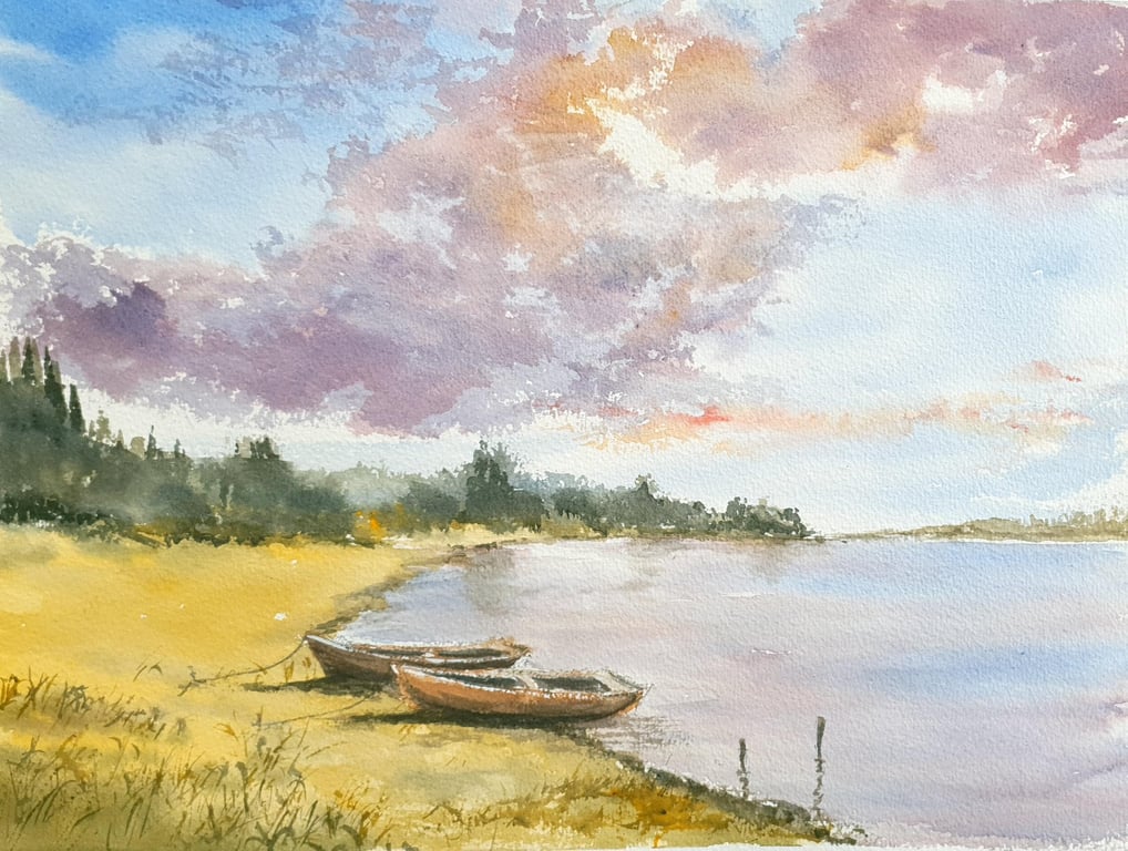 Original Watercolour Landscape .Summer Clouds and Boats . 15x11 inches ,unframed