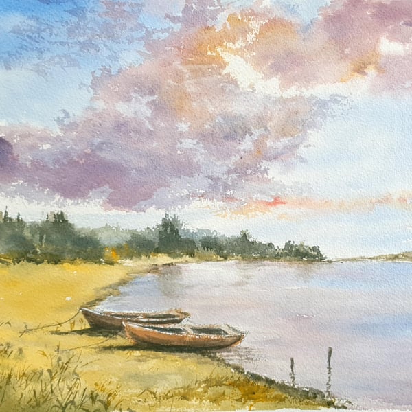 Original Watercolour Landscape .Summer Clouds and Boats . 15x11 inches ,unframed