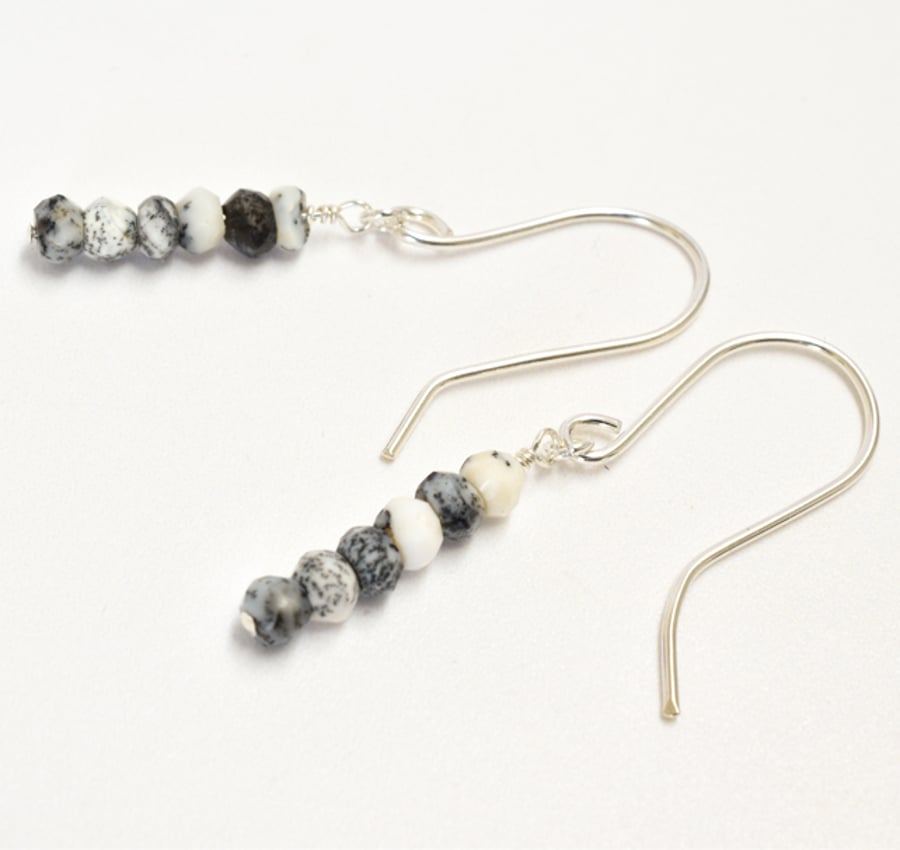 Minimalist Dendritic Opal and Sterling Silver Stacked Bar Earrings