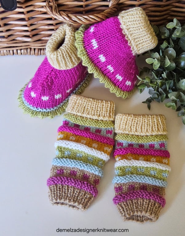 Baby Girl's Hand Knitted Booties and Leg Warmer Set 6-12 months