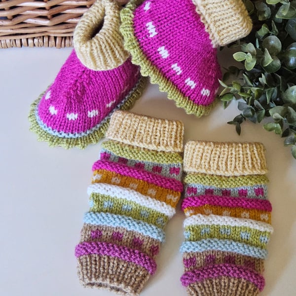 Baby Girl's Hand Knitted Booties and Leg Warmer Set 6-12 months