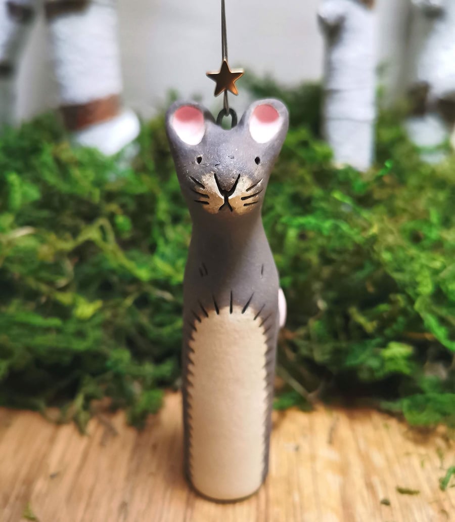 Grey stoneware mouse hanging decoration-animal ornament-Christmas decoration